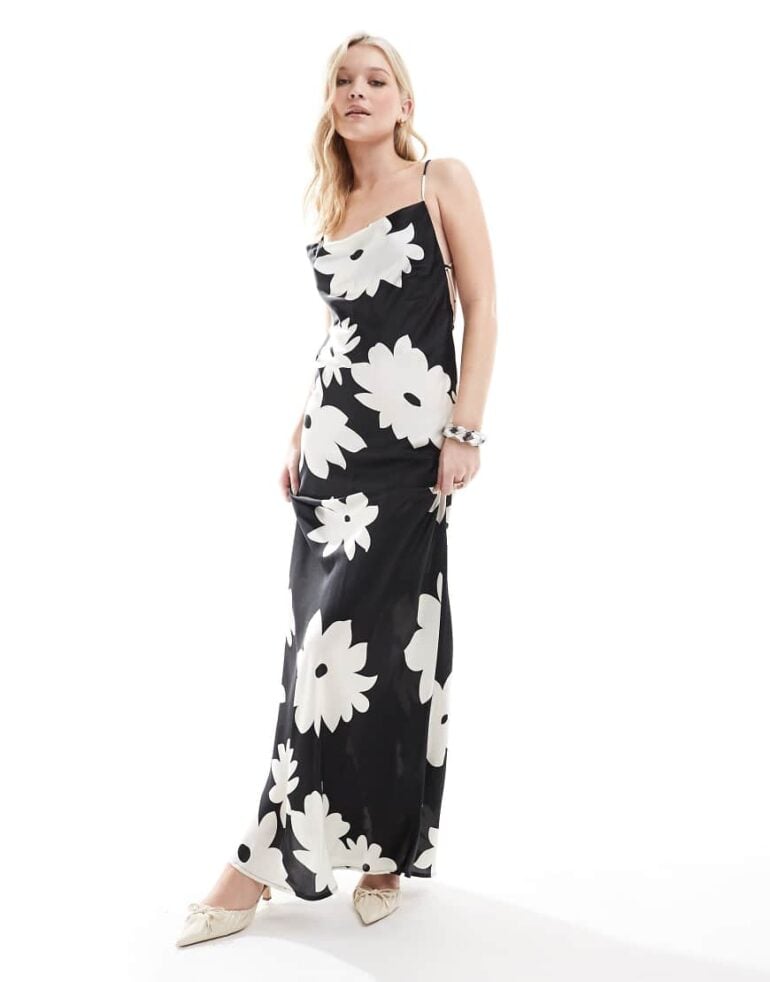 Object satin low cross back maxi dress in black flower print