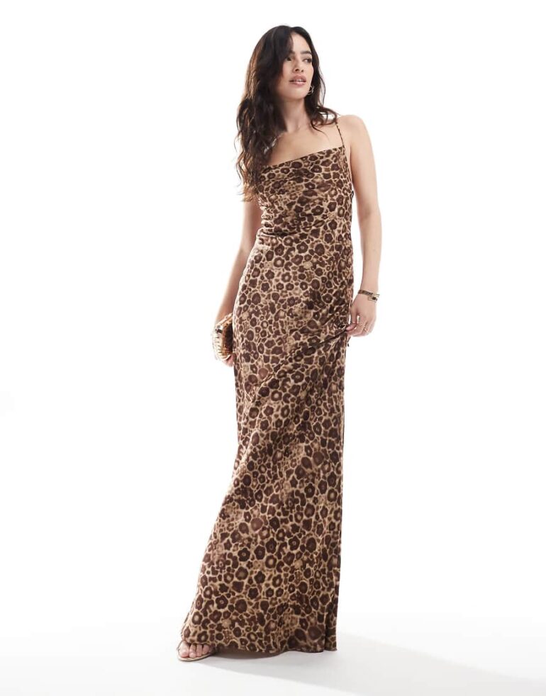 Object satin low cross back maxi dress in tonal leopard print-Brown