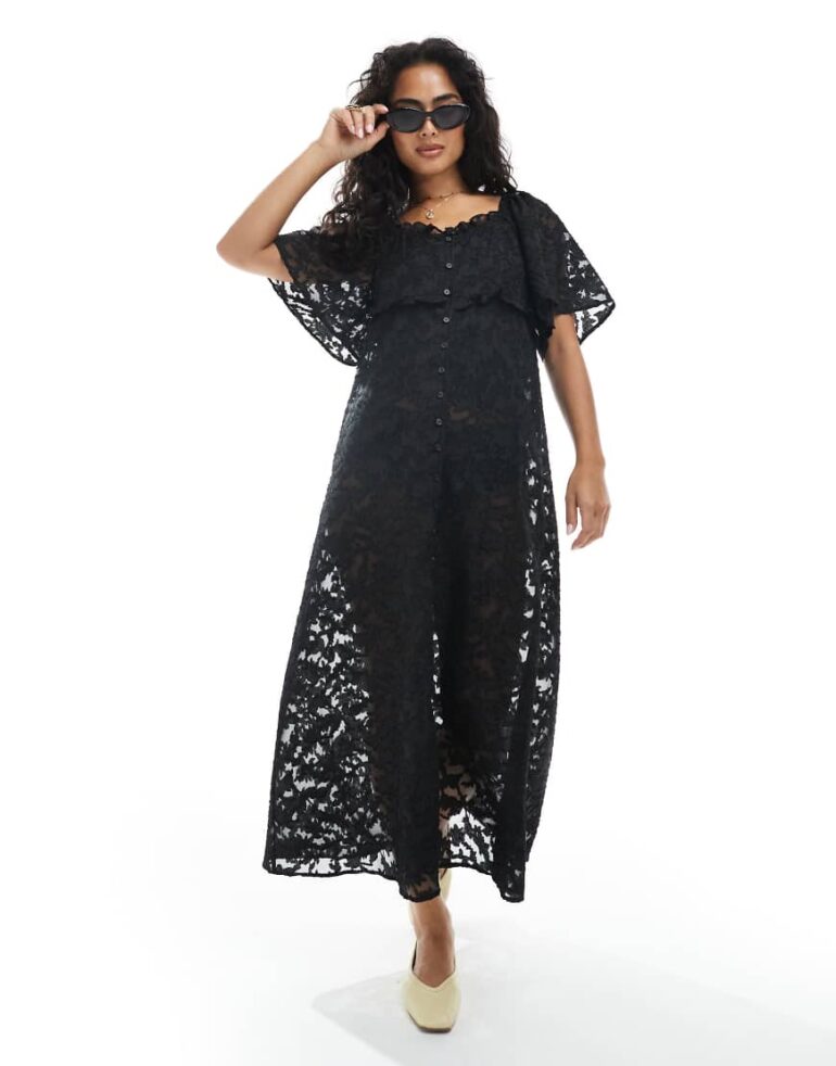 Object sheer burnout floral boho layering dress in black