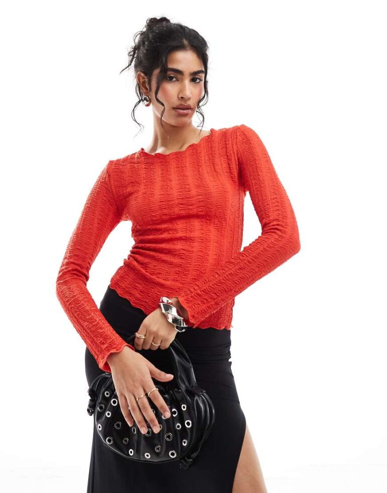Object textured boat neck jersey top in flame red