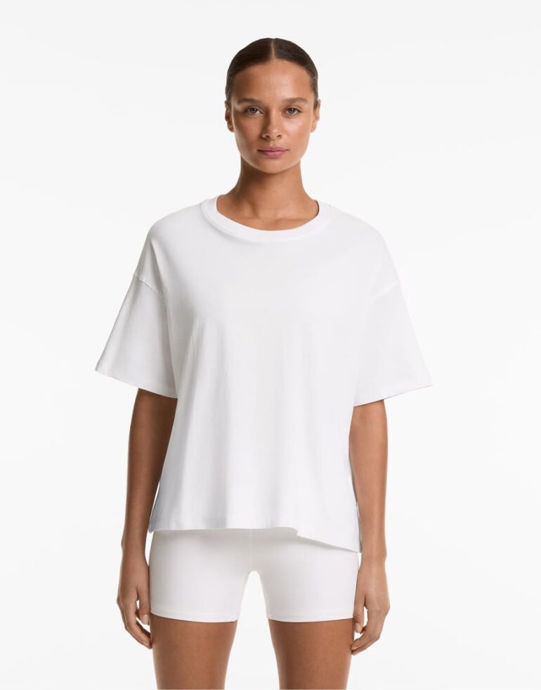 Oysho Boxy short-sleeved cotton blend t-shirt in off-white