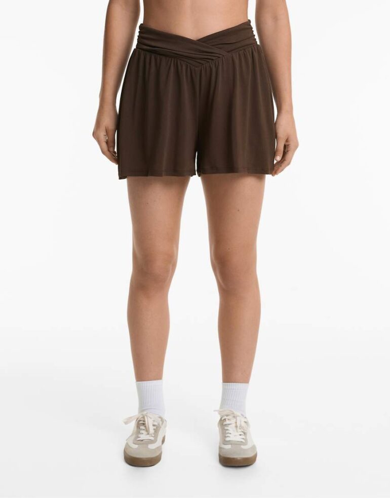Oysho Extra wide floaty v-cut waist shorts with modal in dark brown