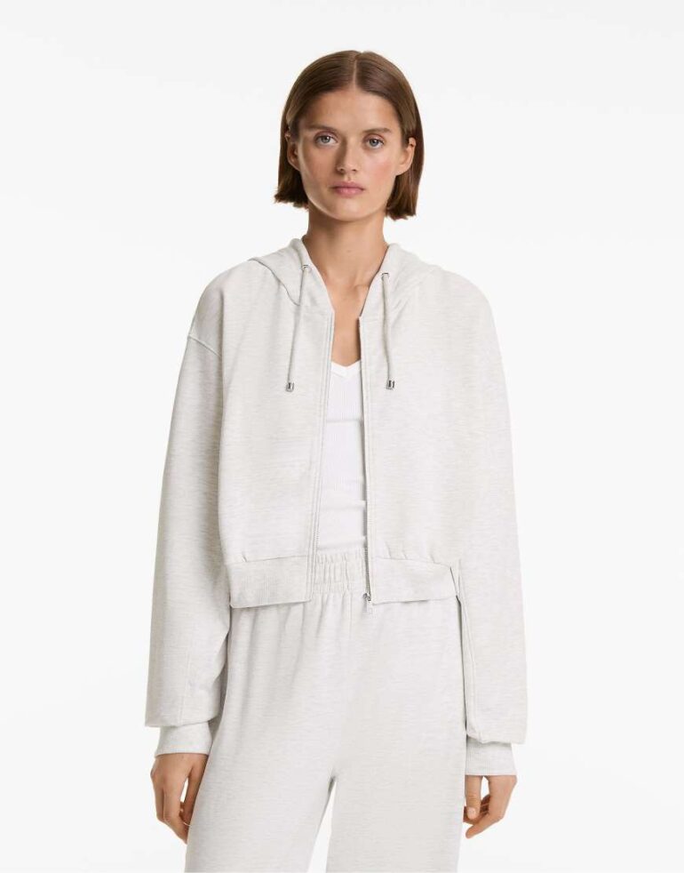 Oysho Rib detail crop hooded jacket with cotton and modal in pale grey melange