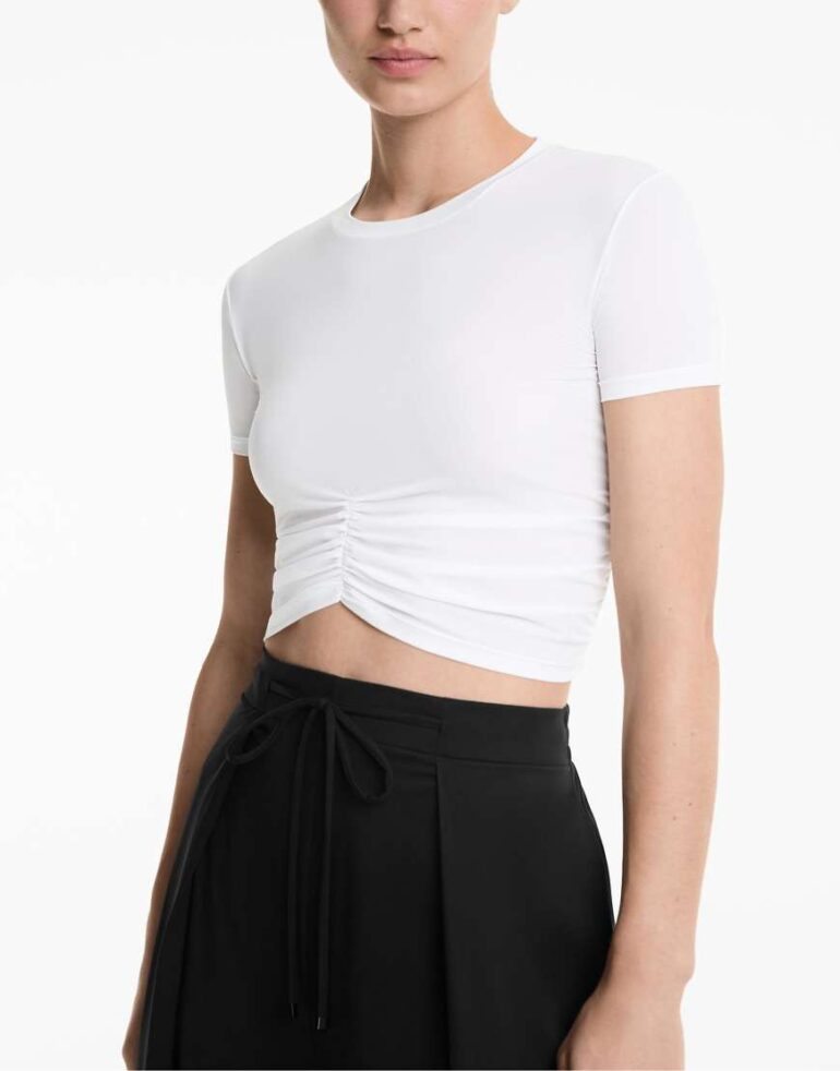 Oysho Short-sleeved crop ruched t-shirt in off-white