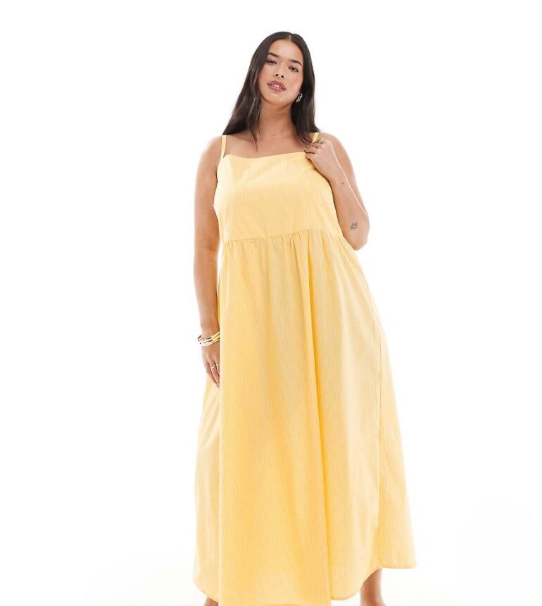Pieces Curve cami midi dress in pale yellow stripe