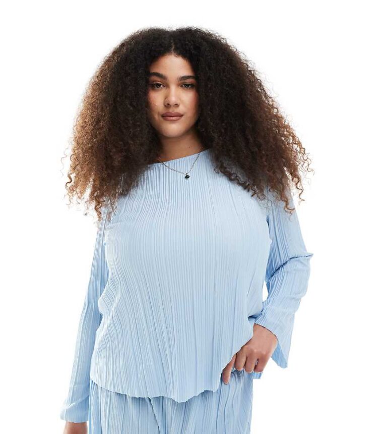 Pieces Curve plisse long sleeve top co-ord in light blue