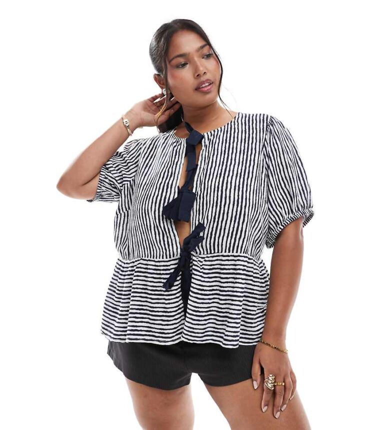 Pieces Curve tie front short sleeve peplum hem top in navy and white stripe