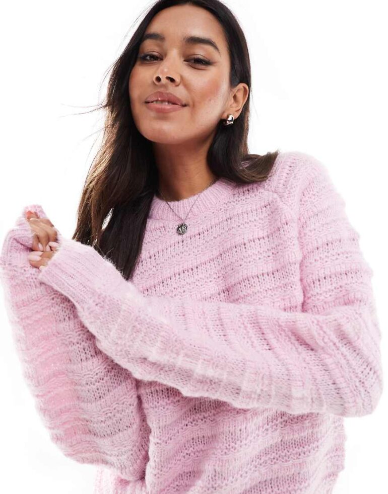 Pieces textured stripe jumper in pink lavender