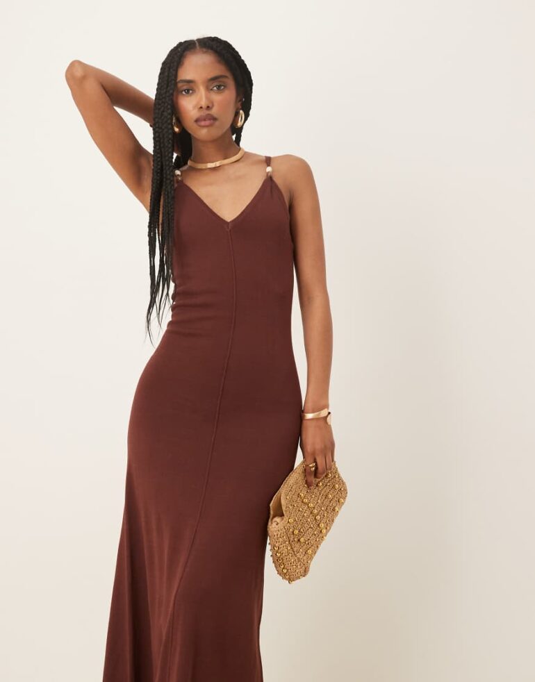 Pretty Lavish Connie v-neck beaded knit maxi in brown