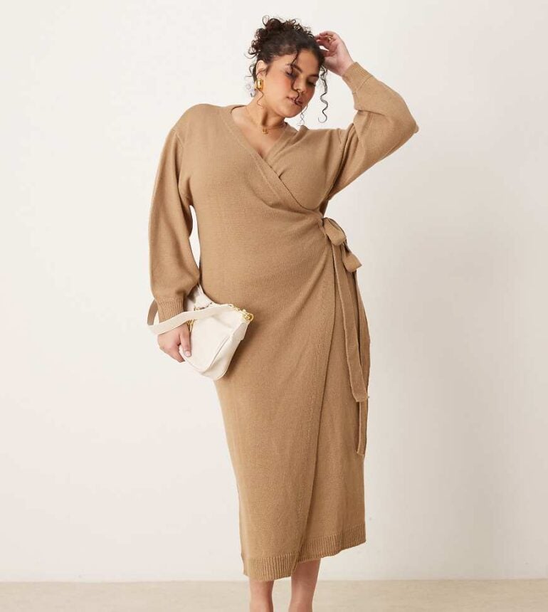 Pretty Lavish Curve Beau wrap knit midaxi dress in soft brown
