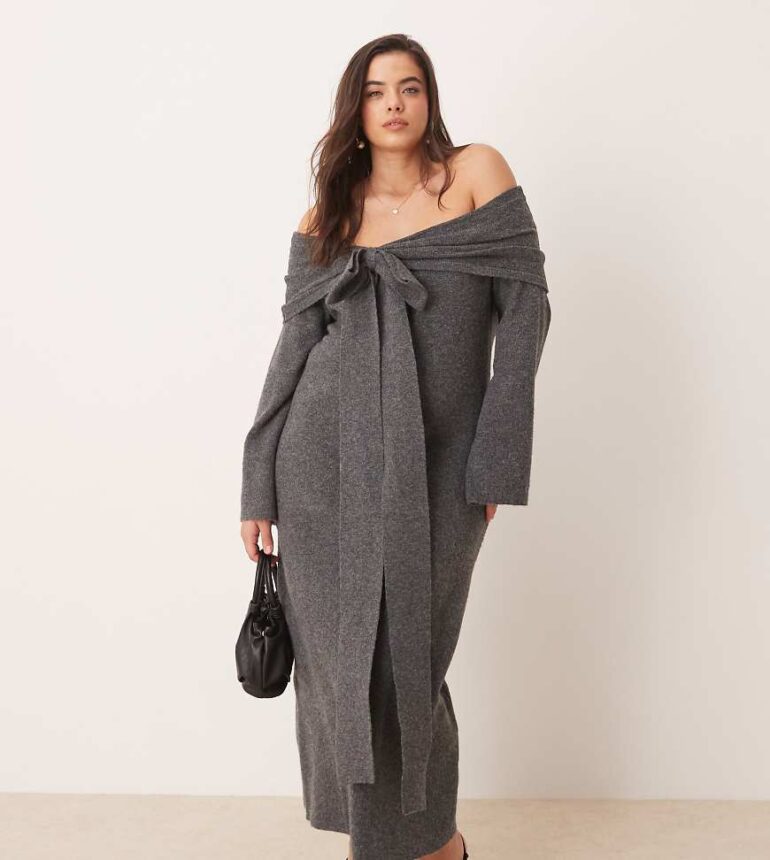 Pretty Lavish Curve bardot bow midaxi knit dress in charcoal-Grey