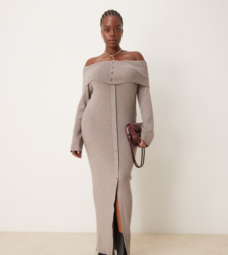 Pretty Lavish Curve button bardot knit maxi dress in mink-Brown