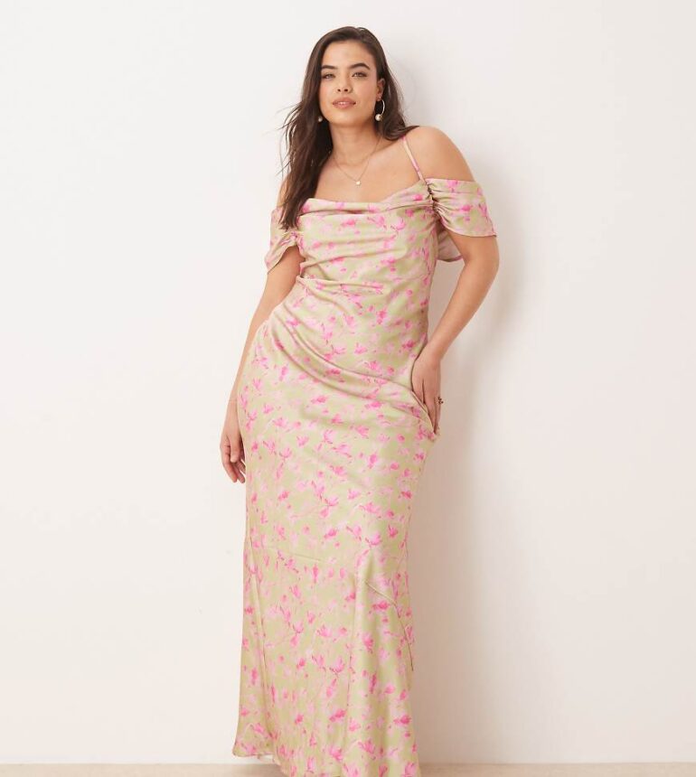Pretty Lavish Curve cold shoulder maxi dress-Pink