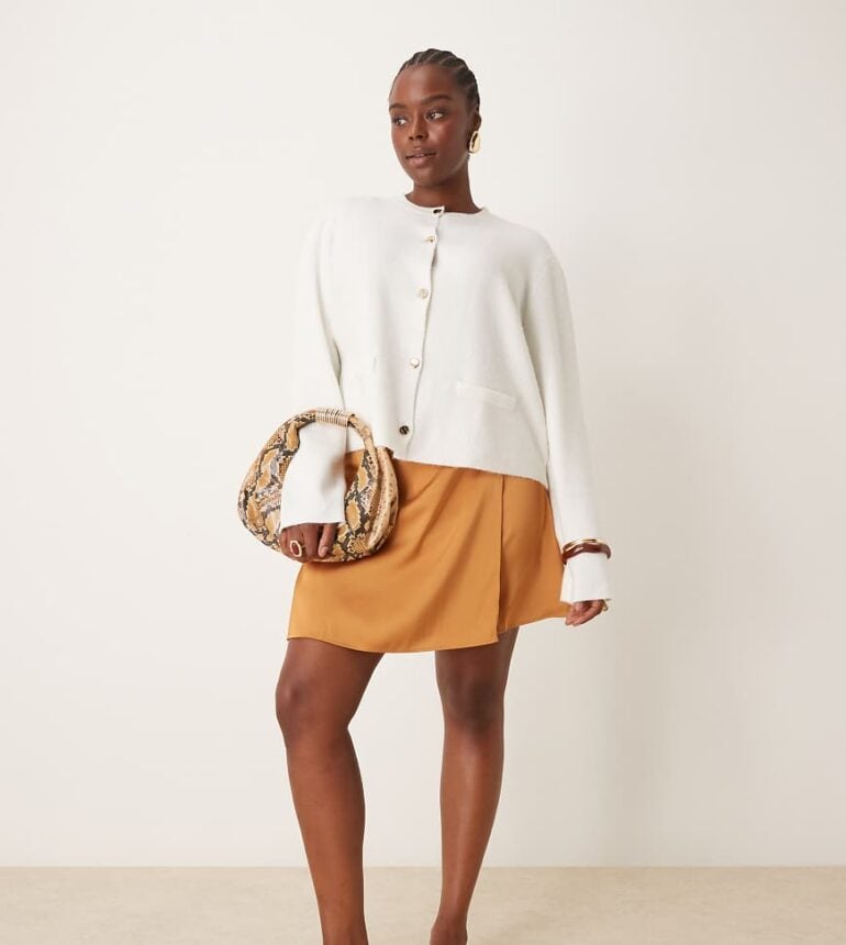 Pretty Lavish Curve knitted button detail cardigan in cream-White