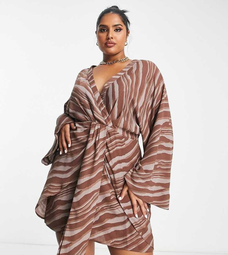 Pretty Lavish Curve knot front satin mini dress in brown stripe