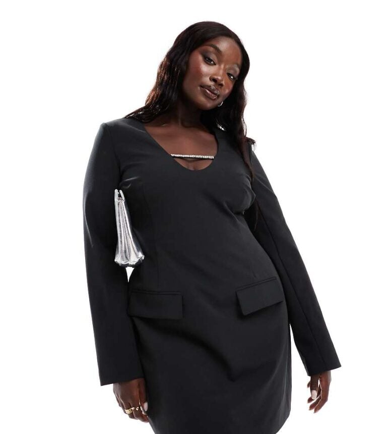 Pretty Lavish Curve long sleeve embellished mini dress in black