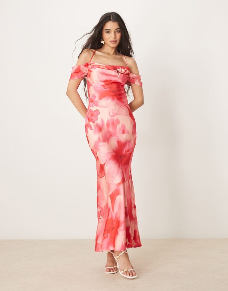 Pretty Lavish asymmetric cold shoulder slip maxi dress in pink and red floral-Multi