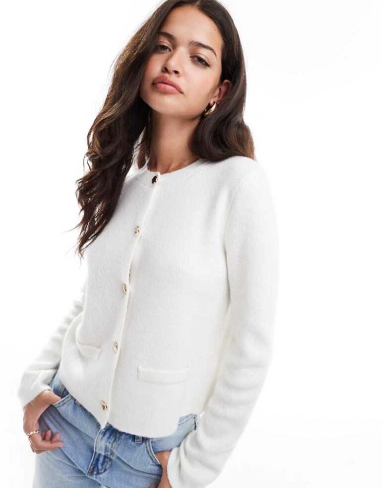 Pretty Lavish knitted button detail cardigan in cream-White