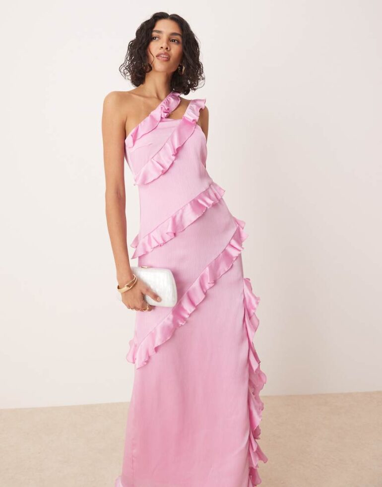 Pretty Lavish one shoulder asymmetric ruffle maxi dress in pink