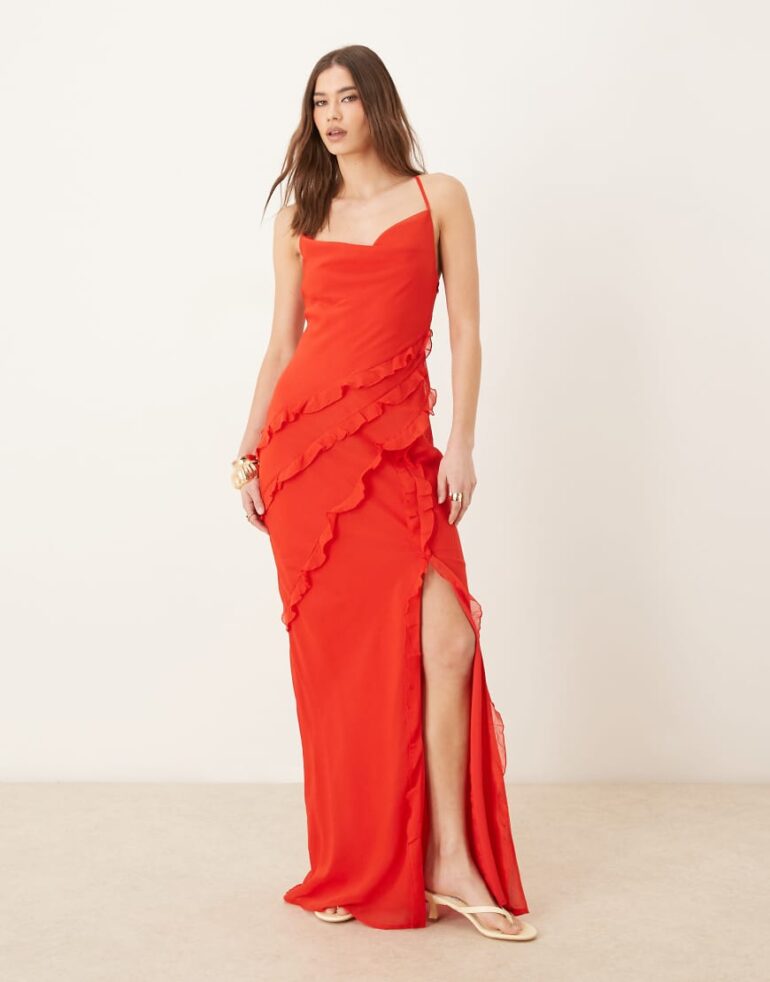 Pretty Lavish textured asymmetric ruffle maxi dress in bright red