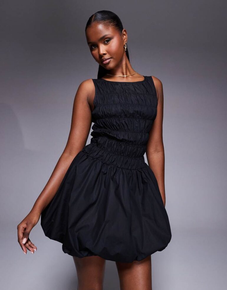 Princess Polly Demure shirred detail bubble hem mini dress in black