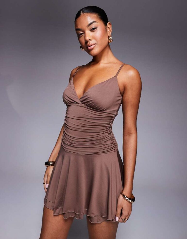 Princess Polly cami ruched waist ruffle skirt mini dress in chocolate-Brown