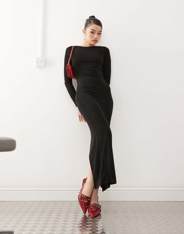 Princess Polly double layered slinky boatneck long sleeve backless maxi dress in black