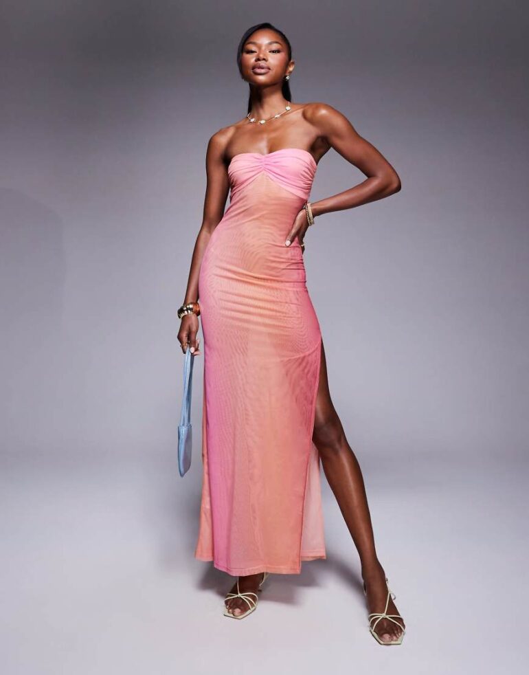 Princess Polly semi sheer bandeau side split mesh maxi dress in pink ombre