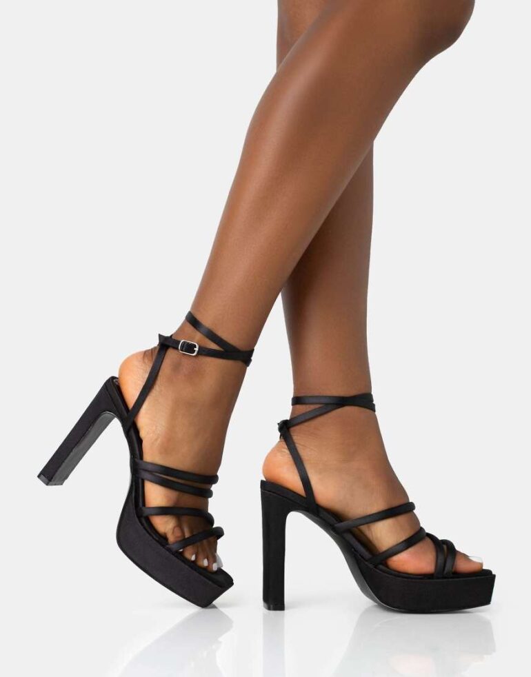 Public Desire Viola satin strappy square toe platform flat block heels in black satin
