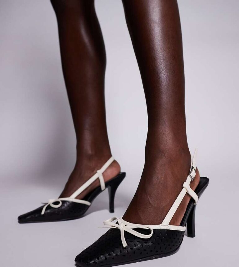 Public Desire Wide Fit Alchemy laser cute sling back heels with bow in cream and black-White