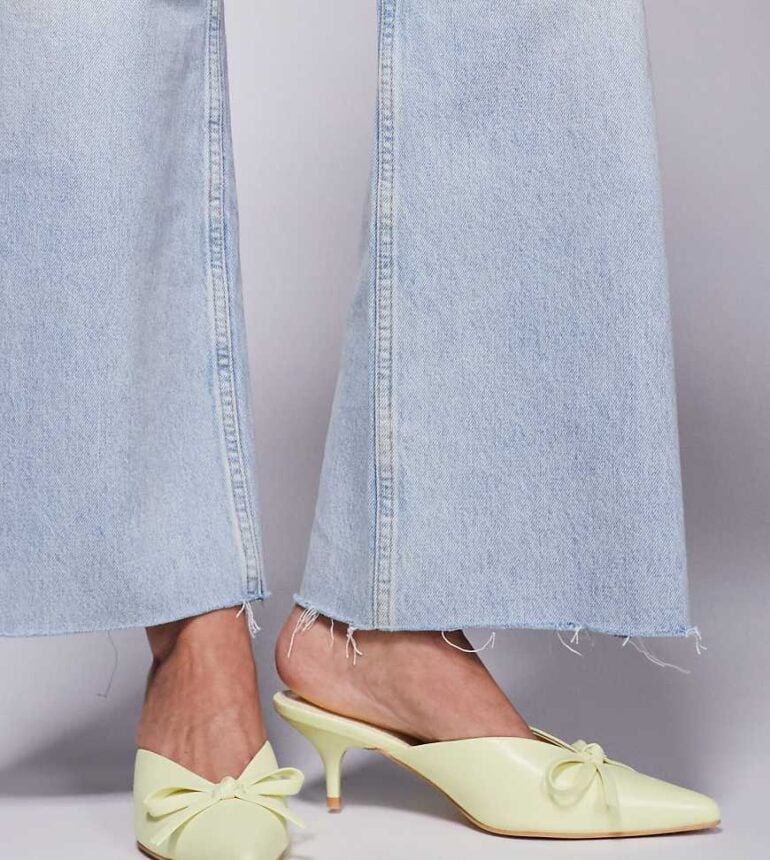 Public Desire Wide Fit Lionheart pointed kitten heel mules with bow in yellow