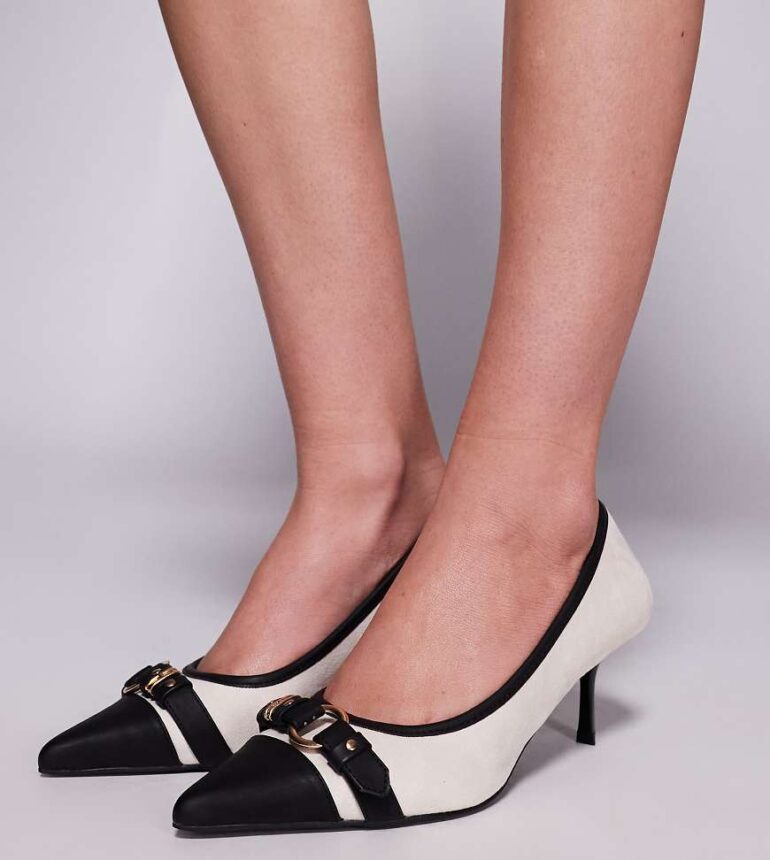 Public Desire Wide Fit buckle detail kitten heel court shoes in cream-White
