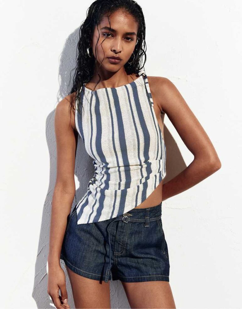 Pull & Bear asymmetric striped rustic top in blue