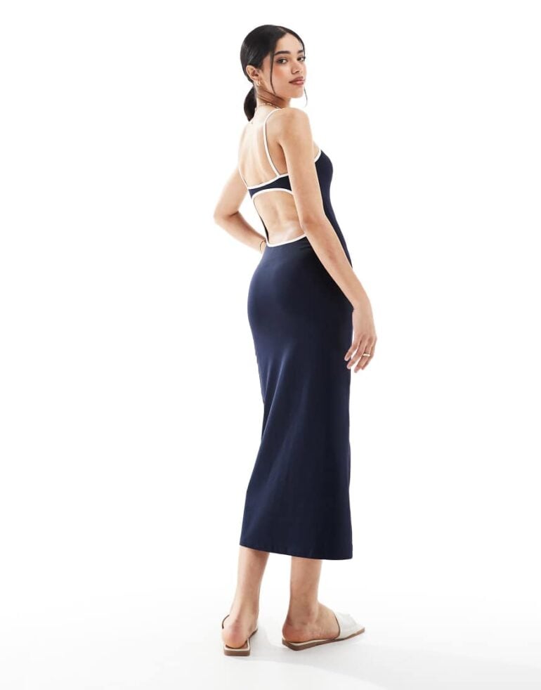 Pull & Bear contrast trim backless maxi dress in navy