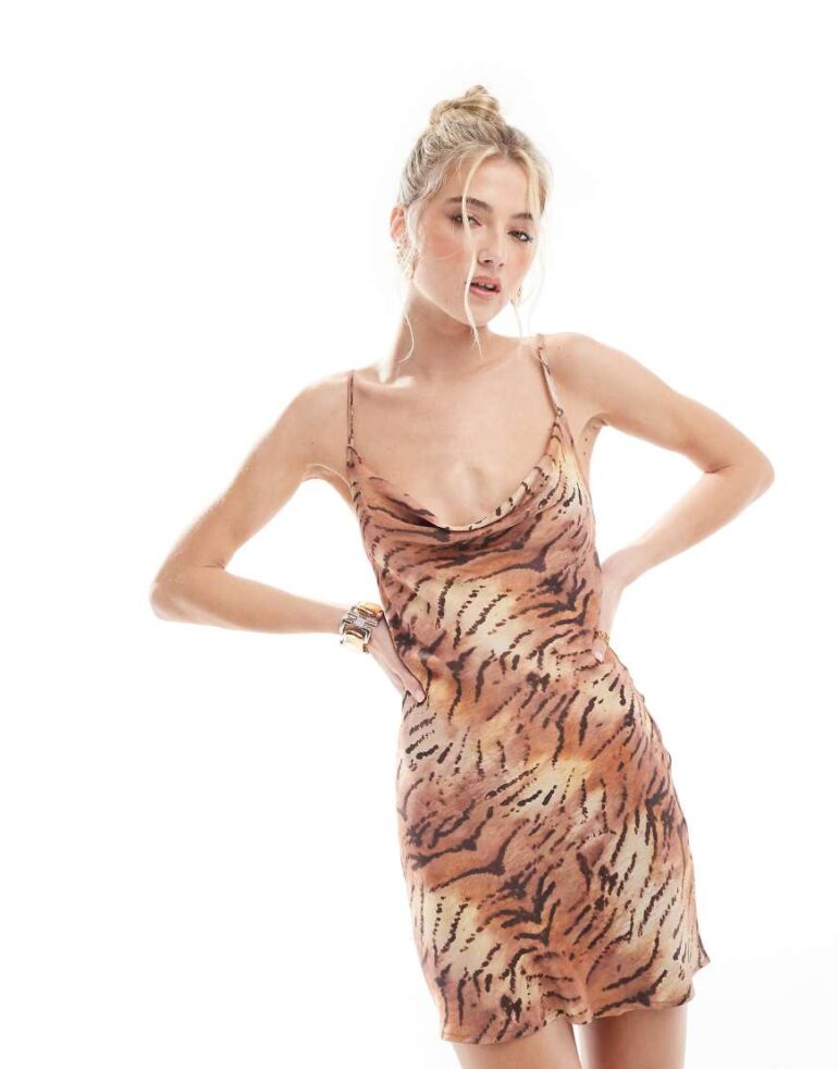 Pull & Bear cowl neck mini dress in animal print-Brown