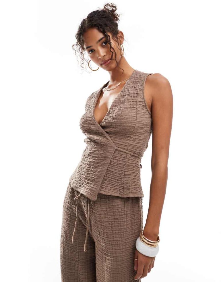 Pull & Bear crinkle textured wrap top co-ord in taupe brown