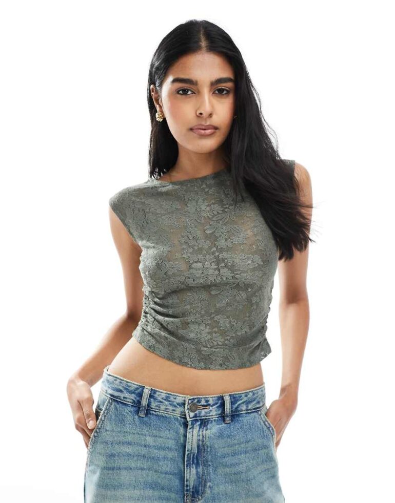 Pull & Bear floral textured ruched side top in khaki-Green