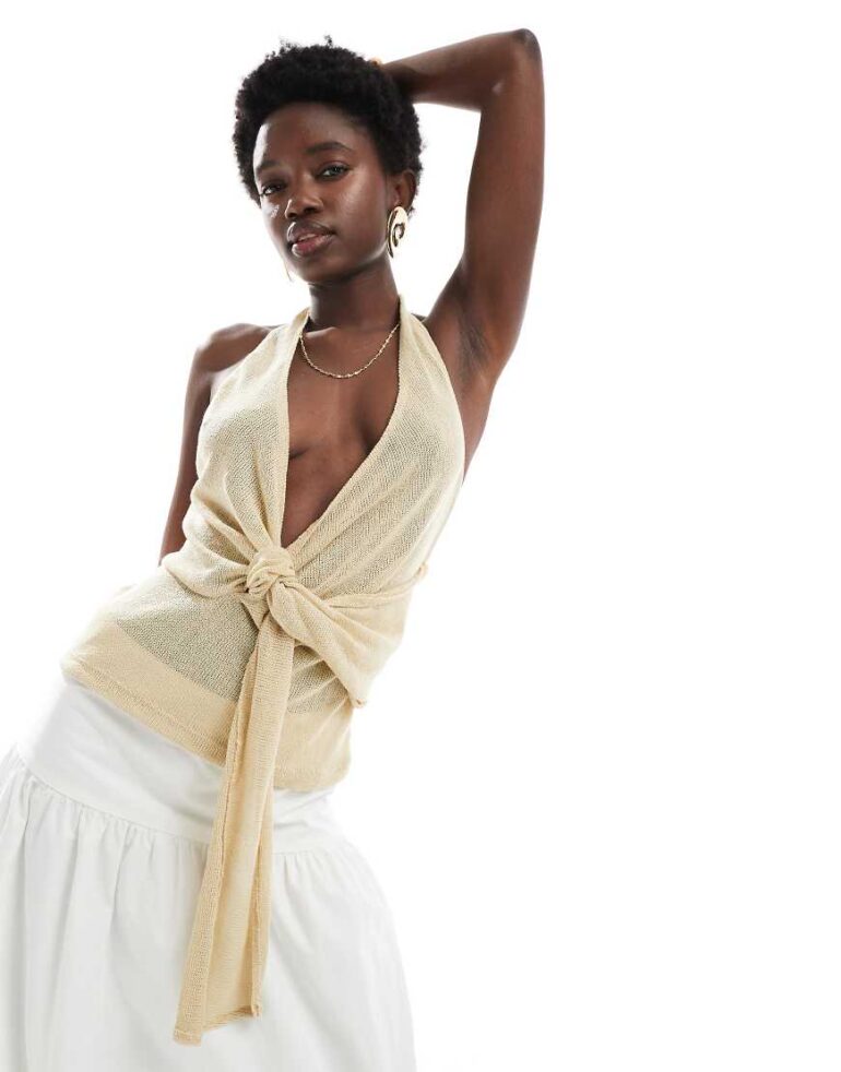 Pull & Bear knitted twist front halterneck top in sand-Grey