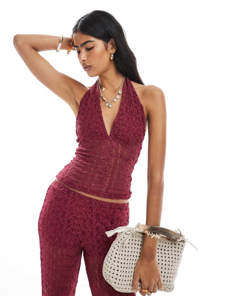 Pull & Bear lace halterneck top co-ord in burgundy-Red