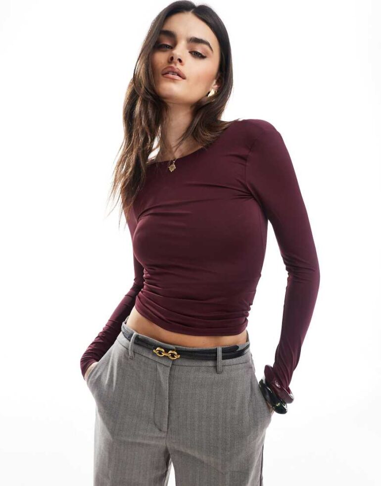 Pull & Bear long sleeve backless detail polyamide top in burgundy-Red