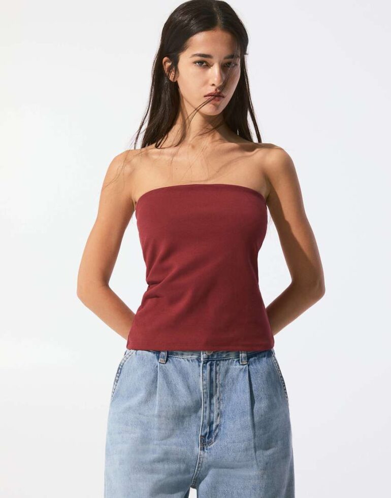 Pull & Bear longline bandeau top in burgundy-Pink