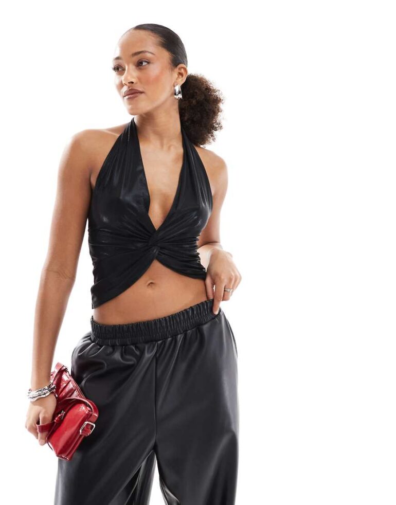 Pull & Bear metallic finish halterneck twist front top in black