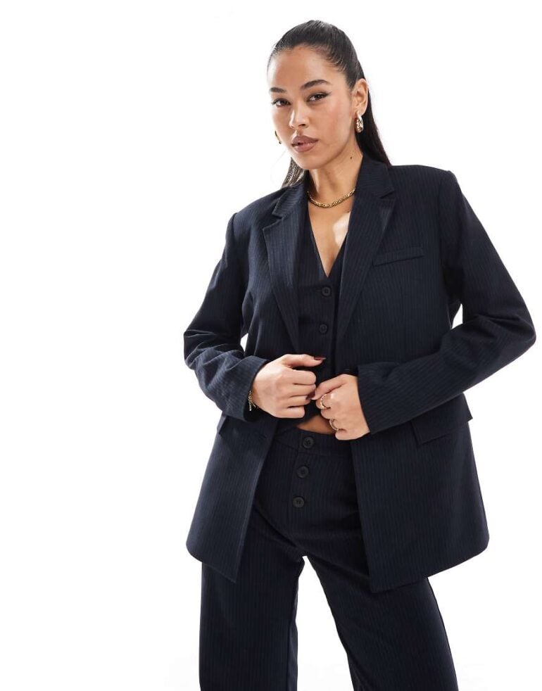 Pull & Bear oversized blazer with back strap detail co-ord in navy pinstripe