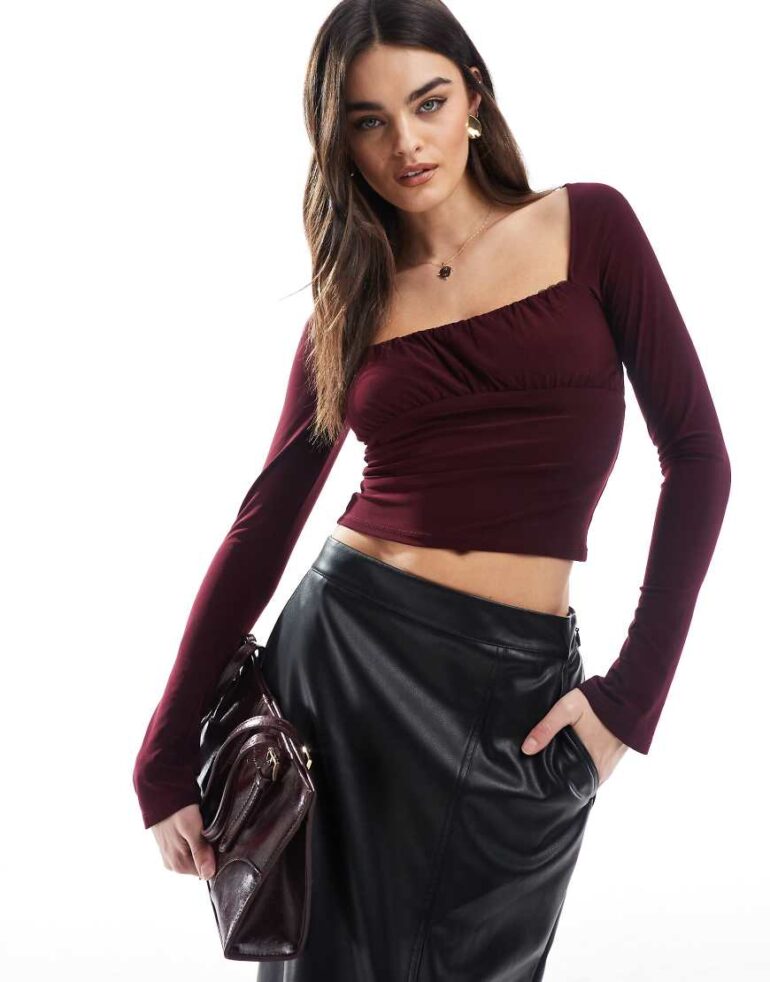 Pull & Bear ruched long sleeve mesh top in burgundy-Red