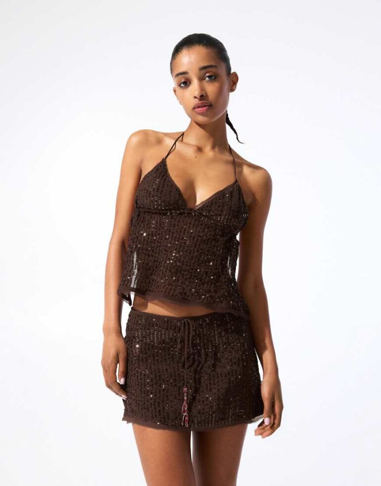 Pull & Bear sequinned halter neck top in brown