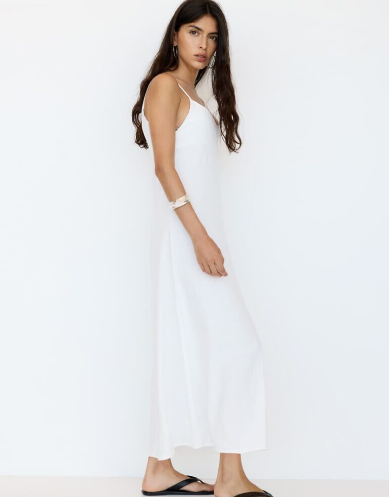 Pull & Bear strappy rustic midi dress in white