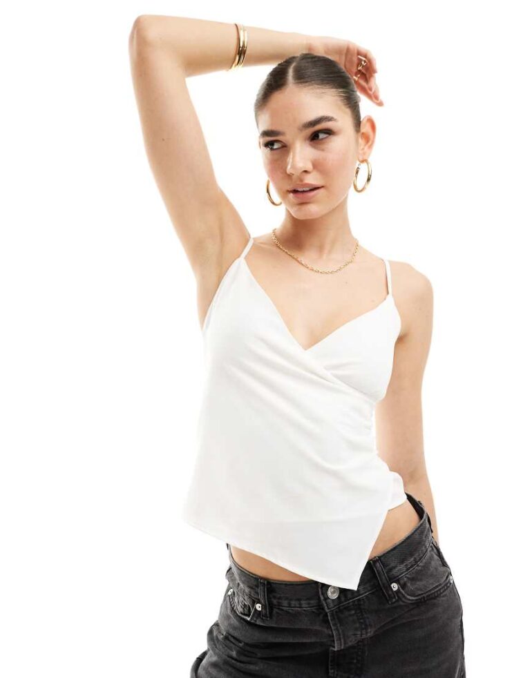 Pull & Bear strappy wrap cami top in white