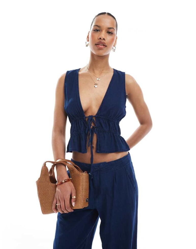 Pull & Bear tie detail denim top co-ord in dark blue rinse-Navy