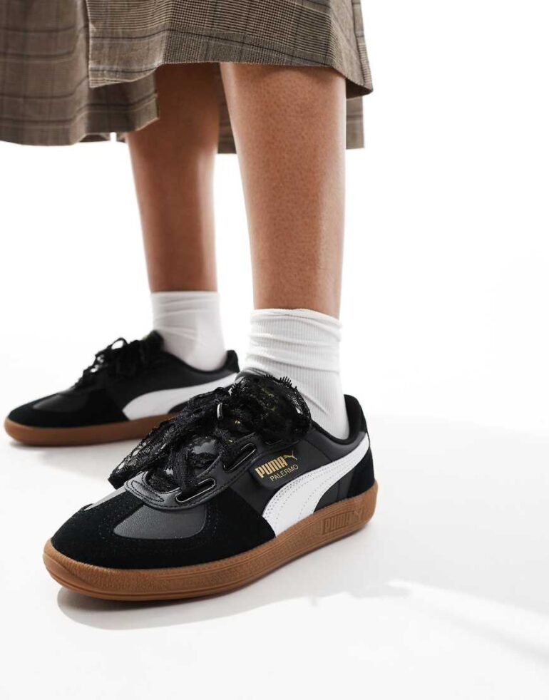 Puma Palermo trainers with ribbon laces in black & white