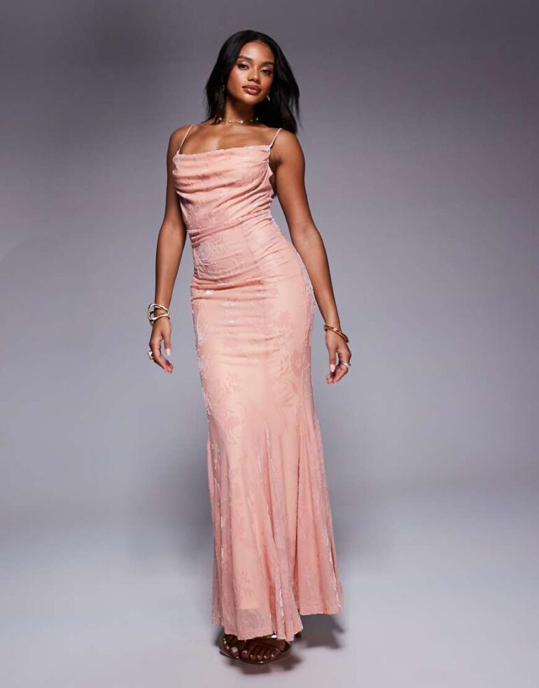 Rare London devore cowl neck fishtail maxi dress in blush-Pink